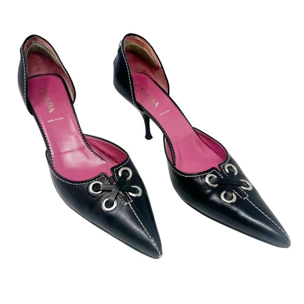 Vintage Prada Y2K Black Leather Pointed Toe Grommet Heels EU 37.5